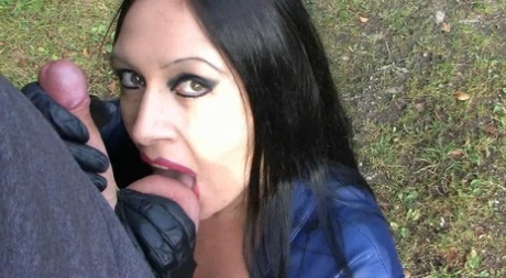 Lady Angelina shows her huge tits while giving an outdoor blowjob 52334539